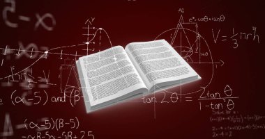 Kahverengi arkaplana karşı hareket eden matematiksel denklemlerin üzerinde Açık Kitabın dijital görüntüsü. Eğitim ve öğretim kavramı