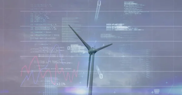 Image Wind Turbine Turning Data Processing Stock Exchange Graph Increasing — Stock Photo, Image