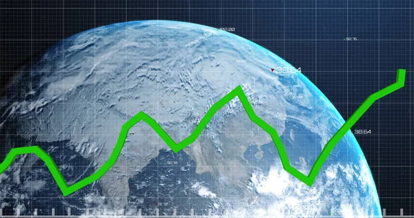 Image of financial data processing and statistics recording with green line going up over planet Earth. Global business finances networking concept digitally generated image.