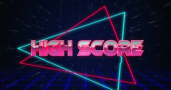 Kép Retro High Score Szöveg Glitching Kék Piros Háromszögek Fekete — Stock Fotó