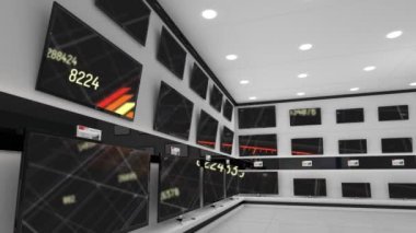 Dükkan ekranında birden fazla düz ekran TV üzerinden gösterilen grafik ve veri işleme animasyonu. 