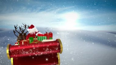 Noel Baba 'nın kızakta Noel hediyeleri ve kış manzarasına yağan karla canlandırılması. Noel, gelenek ve kutlama konsepti dijital olarak oluşturuldu.