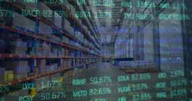 Boş bir depoda veri işleme animasyonu. küresel sevkiyat, dağıtım ve bağlantılar konsepti dijital olarak oluşturulmuş video.