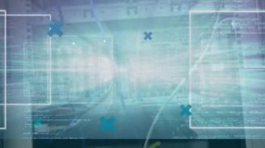 Sunucu odasının üzerindeki ışık izlerinin animasyonu. küresel iş, bağlantılar, veri işleme ve teknoloji konsepti dijital olarak oluşturulmuş video.