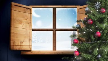 Kış manzarası animasyonu ve pencereden bakıldığında noel süsü. Noel, gelenek ve kutlama konsepti dijital olarak oluşturuldu.