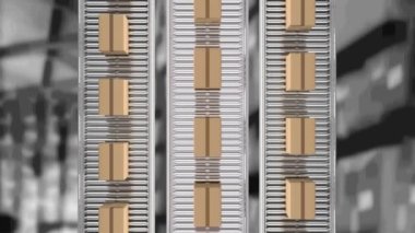 Karton kutuların depodaki taşıma bantlarında hareket etmesi. küresel gönderim ve bağlantılar konsepti dijital olarak oluşturulmuş video.