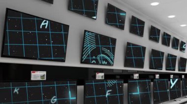 Dükkan vitrinlerinde düz ekran televizyonlarda gösterilen parmak izi taraması ve güvenlik sembollerinin animasyonu. akıllı teknoloji, güvenlik, iş ve perakende konsepti dijital olarak oluşturulmuş video.