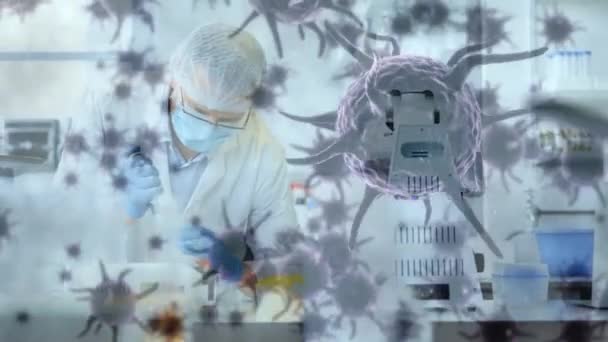 Анимация Коронавирусных Клеток Над Наукой Лаборатории Глобальный Ковид Пандемия Медицина — стоковое видео