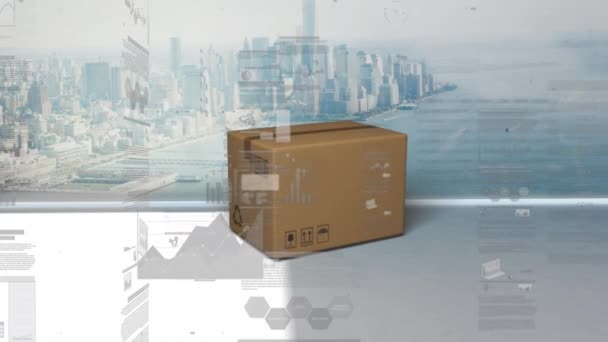 Animation Statistics Processing Cardboard Box Cityscape Global Shipping Connections Concept — Stock Video