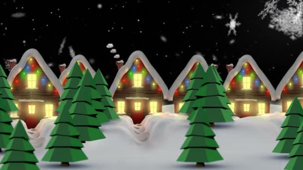 Animazione Neve Che Cade Sopra Case Con Luci Fata Natale — Video Stock