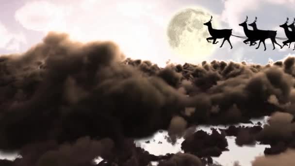 Animace Santa Clause Saních Soby Nad Mraky Měsícem Vánoční Tradiční — Stock video