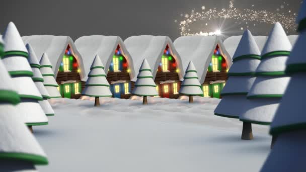 Animering Snö Faller Över Hus Med Älva Ljus Jul Tradition — Stockvideo
