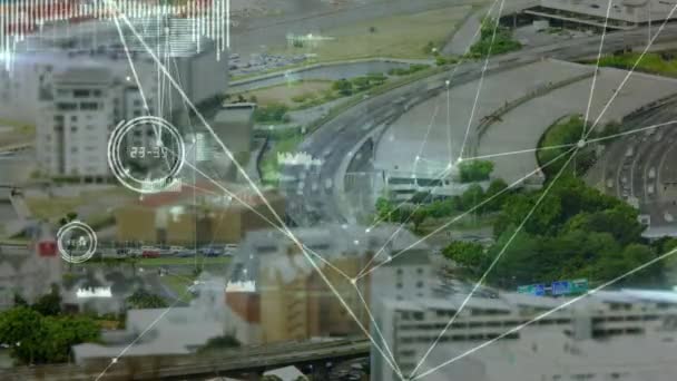 Animación Red Conexiones Través Del Paisaje Urbano Interfaz Digital Global — Vídeos de Stock