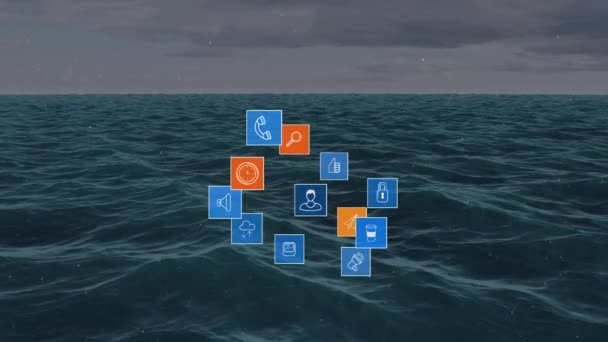 海の上のメディアアイコンのアニメーション グローバルソーシャルメディア接続デジタルインターフェースの概念デジタル生成ビデオ — ストック動画