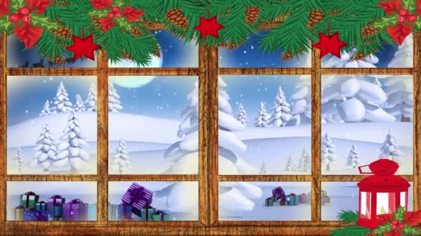 Анімація Зимових Пейзажів Різдвяними Прикрасами Які Видно Через Вікно Різдво — стокове відео