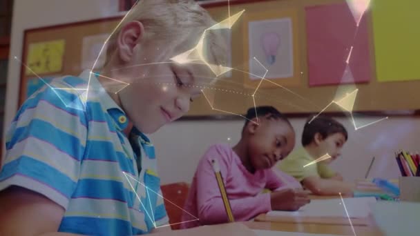 Animación Redes Conexiones Globo Sobre Escolares Aula Educación Global Interfaz — Vídeo de stock