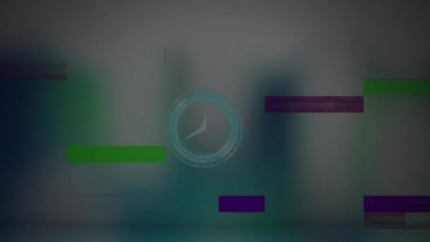 Animação Relógio Com Interferência Digital Colorida Sobre Formas Azuis Desfocadas — Vídeo de Stock