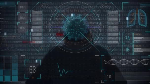 コンピュータによるハッカーを介したデータ処理のアニメーション オンラインセキュリティサイバー犯罪とデータ処理の概念デジタルで生成されたビデオ — ストック動画