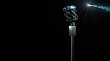 Retro metalik mikrofon mavi kayan yıldıza karşı siyah arka plan. müzik etkinliği ve kutlama konsepti