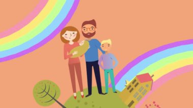 Dönen dünyanın aileleri ve turuncu arka planda gökkuşağı çiçekleri olan animasyonu. lgbtq, eşitlik ve renk konsepti dijital olarak oluşturulmuş video.