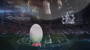 Spor stadyumundaki ragbi oyuncusu üzerinden DNA ipliği ve veri işleme animasyonu. global spor, veri işleme ve dijital arayüz kavramı dijital olarak oluşturulmuş video.