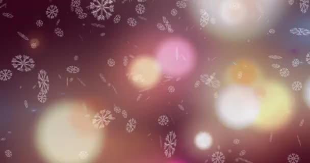 Mor Arkaplandaki Renkli Işık Noktalarına Düşen Kar Tanelerinin Dijital Animasyonu — Stok video