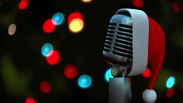 Chapéu Papai Noel Sobre Microfone Contra Pontos Coloridos Luz Contra — Vídeo de Stock