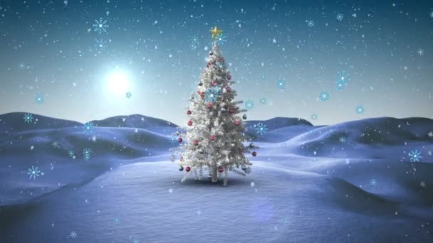 Copos Nieve Iconos Flotando Nieve Cayendo Sobre Árbol Navidad Paisaje — Vídeo de stock