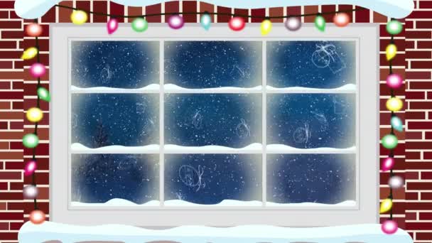 雪やクリスマスのアイテムが落下上のウィンドウのアニメーション クリスマス 伝統とお祝いのコンセプトデジタルで生成されたビデオ — ストック動画
