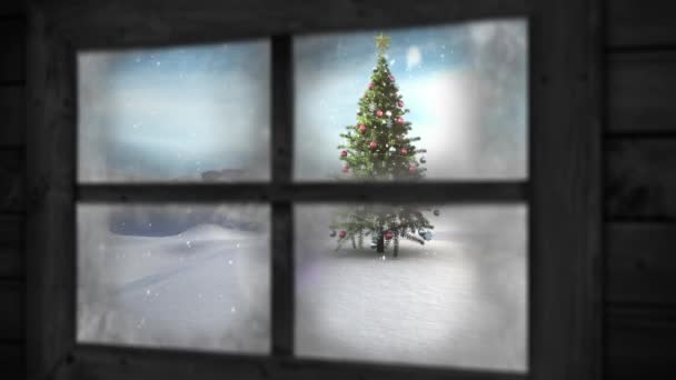 Animação Visão Janela Árvore Natal Paisagem Inverno Animação Vitrine Decoração — Vídeo de Stock