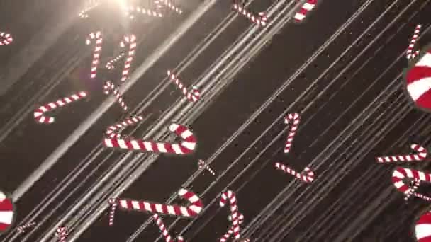 Animation Candy Cane Falling Glowing Rays Black Background Christmas Tradition — Stock Video