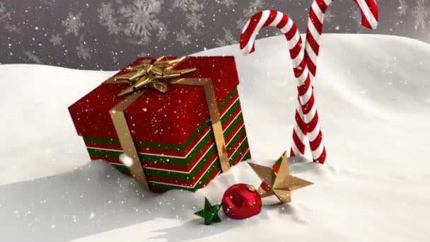 Animatie Van Sneeuw Vallen Kerstcadeau Suikerriet Decoraties Kerstmis Traditie Viering — Stockvideo