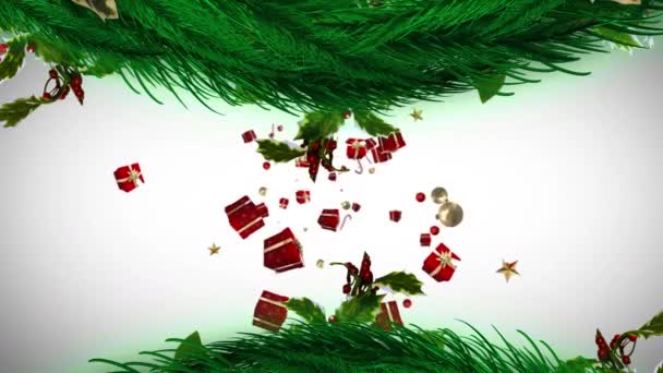 Animation Cadeaux Tombant Sur Des Branches Sapins Sur Fond Blanc — Video