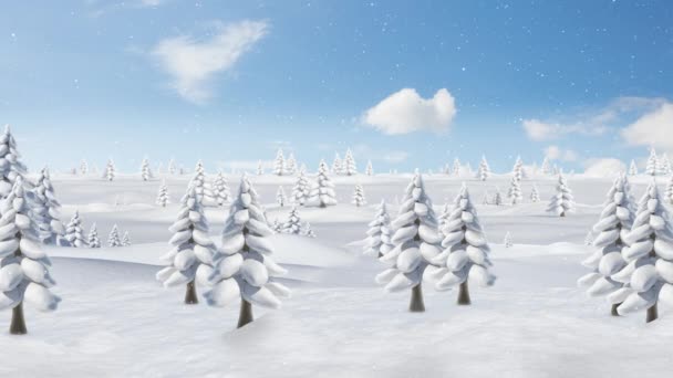 雪が青い空の雲に対して冬の風景の上に複数の木の上に落ちる クリスマス フェスティバルとお祝いのコンセプト — ストック動画