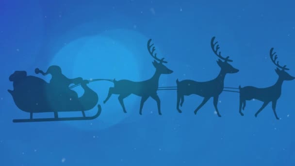 Light Spots Snow Falling Santa Claus Sleigh Being Pulled Reindeers — Stock Video