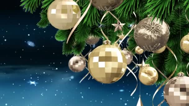 雪の上に装飾とモミの木の枝のアニメーション クリスマス お祝いのコンセプトをデジタルで — ストック動画