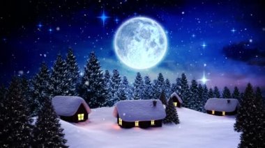 Noel Baba 'nın kızakta, ren geyikleriyle, kar yağışlarıyla, kış manzaralarıyla ve ayla canlandırılması. Noel, gelenek ve kutlama konsepti dijital olarak oluşturuldu.