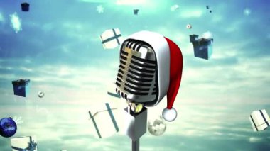 Düşen hediyelerin üzerinde Noel Baba şapkası olan eski mikrofon animasyonu ve mavi arka planda kar. Noel, gelenek ve kutlama konsepti dijital olarak oluşturuldu.