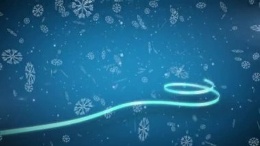 Mavi kurdele ve düşen karla oluşan Noel ağacı animasyonu. Noel, gelenek ve kutlama konsepti dijital olarak oluşturuldu.