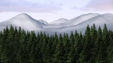 Kış manzarası üzerine kar yağıyor. Ağaçlar ve dağlar gökyüzünde bulutlara karşı. Noel şenliği ve kutlama konsepti