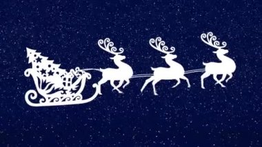 Noel Baba 'nın kızakta, yağan karların üzerinde hareket eden ren geyikleriyle canlandırması. Noel, gelenek ve kutlama konsepti dijital olarak oluşturuldu.