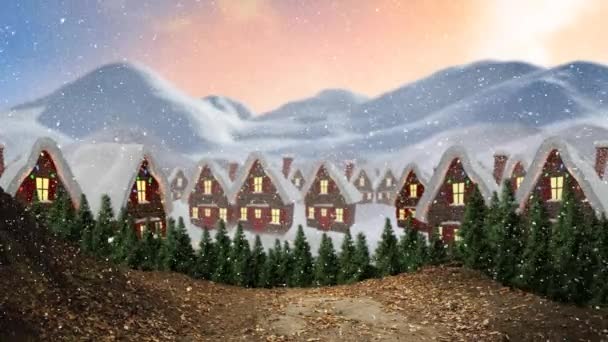 Animering Juldekorerade Hus Och Snö Faller Vinterlandskapet Jul Tradition Och — Stockvideo
