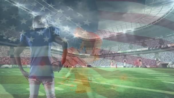 Animation Der Flagge Die Über Dem Amerikanischen Fußballspieler Und Dem — Stockvideo