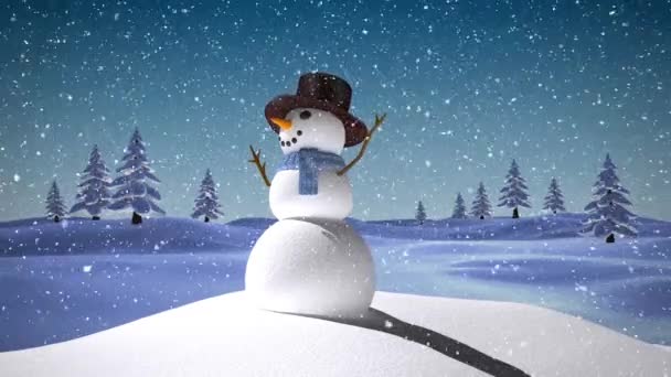 Animasi Manusia Salju Dan Salju Jatuh Atas Lanskap Bersalju Natal — Stok Video