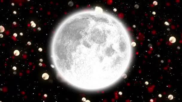 Сніг Падає Над Санта Клаусом Санчатах Тягнеться Оленями Проти Місяця — стокове відео