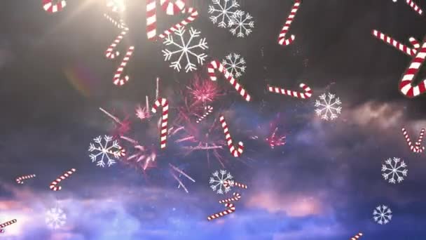 Animace Cukrových Tyčinek Sněhových Vloček Nad Ohňostrojem Tmavém Pozadí Vánoční — Stock video