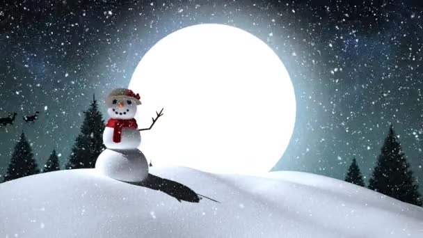 Animazione Pupazzo Neve Babbo Natale Slitta Con Renne Sul Paesaggio — Video Stock