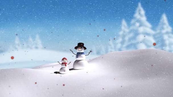 Animation Snow Falling Smiling Father Child Snowman Winter Scenery Christmas — Stock Video