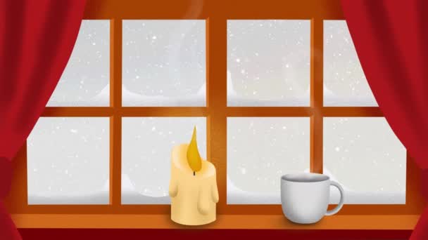 Animation Window Candle Mugover Snow Falling Christmas Tradition Celebration Concept — Stock Video
