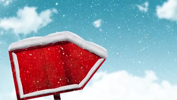 Neige Tombant Sur Panneau Rouge Sur Paysage Hivernal Contre Ciel — Video